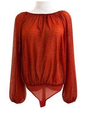 Free People Intimately Burnt Orange Sheer Metallic-Striped Blouson Bodysuit